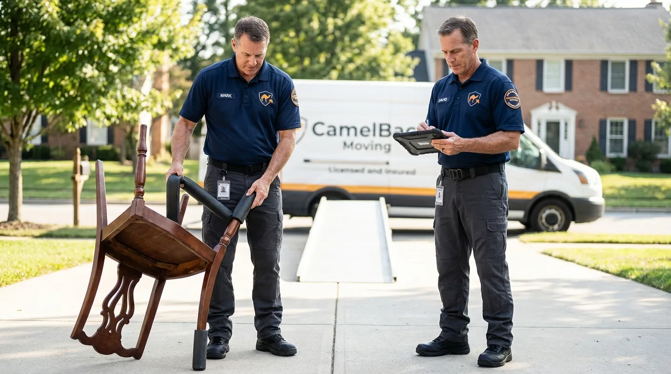 Movers inspecting furniture for damage prevention before loading in Los Lunas, NM