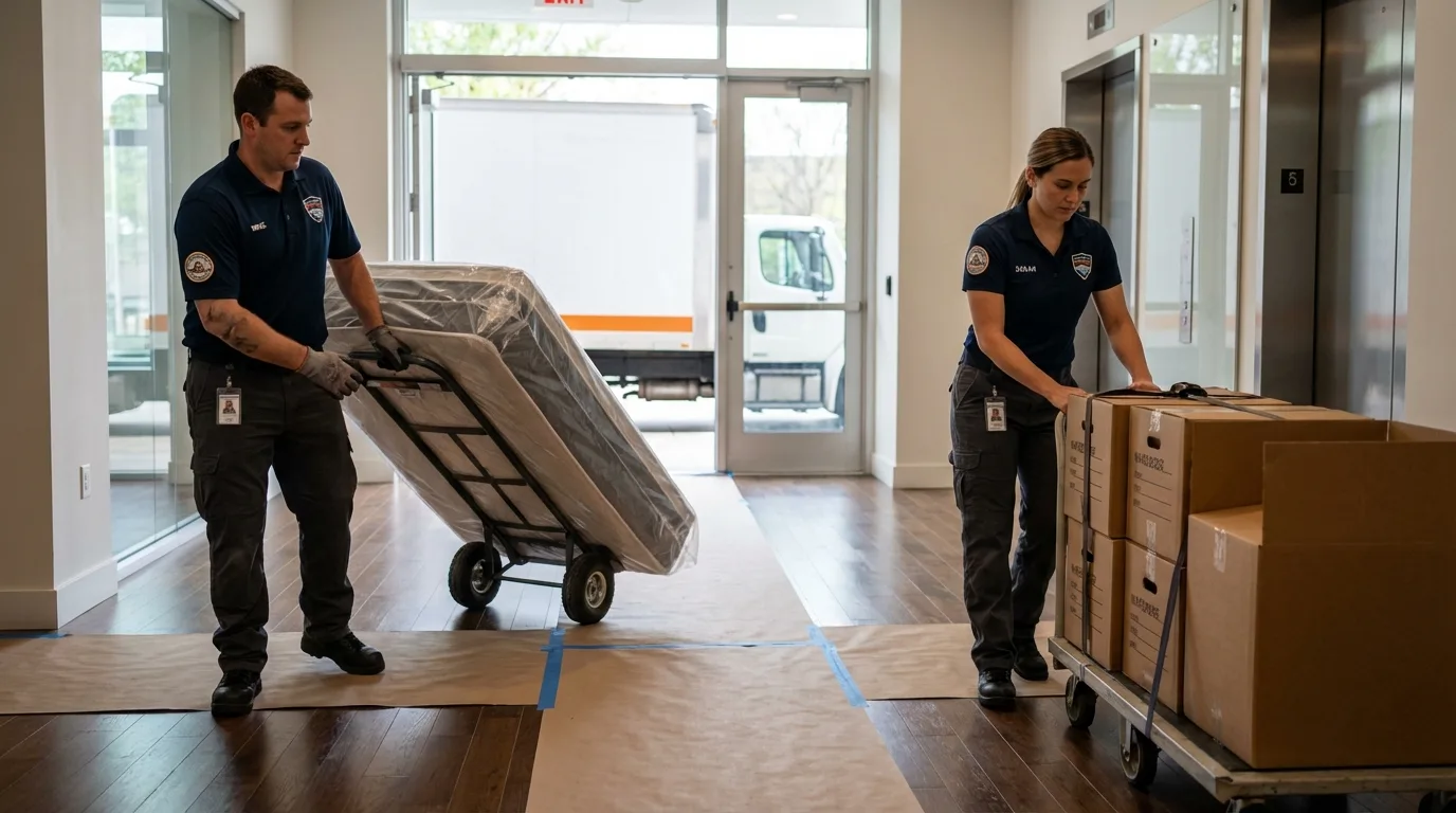 Professional apartment movers loading elevator in Los Lunas, NM
